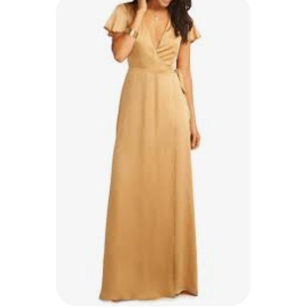 Show Me Your Mumu Noelle Wrap Dress Women XL Gold Satin Maxi Flutter Sleeve